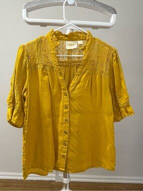 Maeve Mustard Lace Yoke Button-Front Blouse